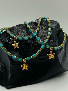 *Anklet* S. Steel Gold Starfish & Turquoise Crystal Stretchy Ankle Bracelet